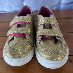 Preowned Morgan & Milo Gold Glitter Sparkle Velcro Closure Sneakers Girls Sz 1.5